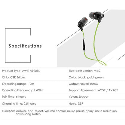 AWEI A990BL หูฟังสเตอริโอ Bluetooth ไร้สายพร้อมระบบควบคุมสายไฟ + ไมโครโฟนรองรับการโทรแบบแฮนด์ฟรี