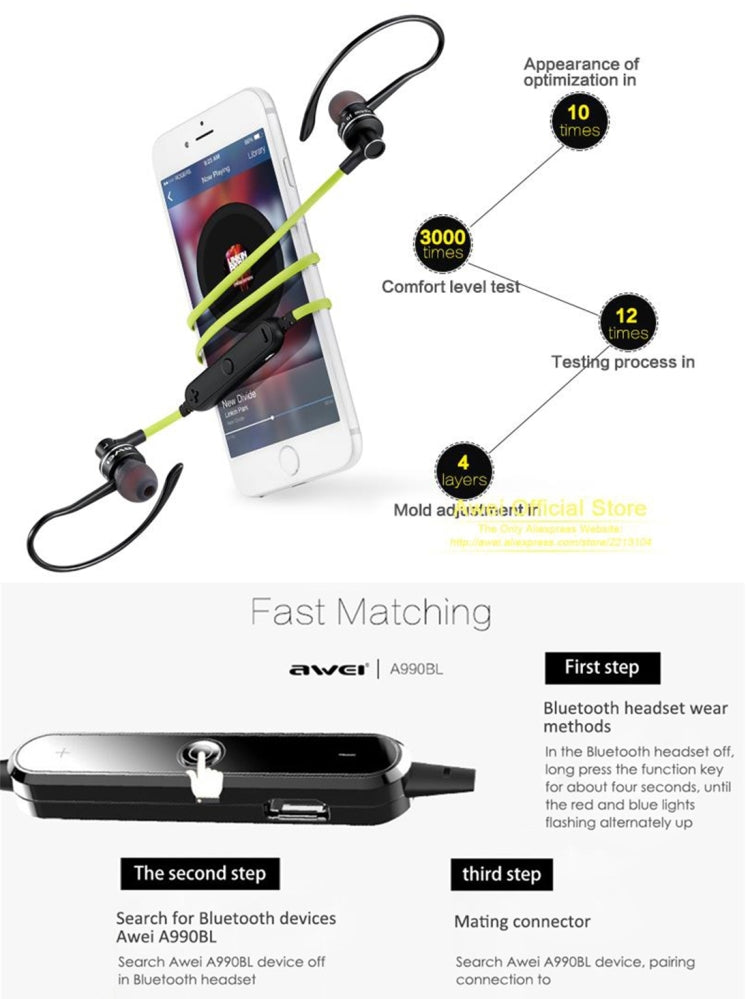AWEI A990BL หูฟังสเตอริโอ Bluetooth ไร้สายพร้อมระบบควบคุมสายไฟ + ไมโครโฟนรองรับการโทรแบบแฮนด์ฟรี