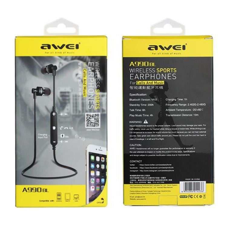 AWEI A990BL หูฟังสเตอริโอ Bluetooth ไร้สายพร้อมระบบควบคุมสายไฟ + ไมโครโฟนรองรับการโทรแบบแฮนด์ฟรี