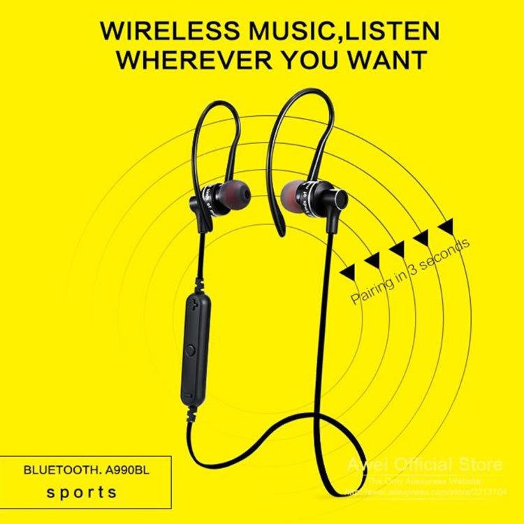 AWEI A990BL หูฟังสเตอริโอ Bluetooth ไร้สายพร้อมระบบควบคุมสายไฟ + ไมโครโฟนรองรับการโทรแบบแฮนด์ฟรี