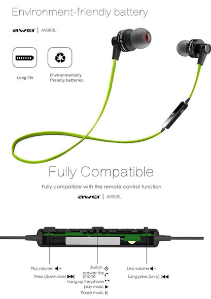 AWEI A990BL หูฟังสเตอริโอ Bluetooth ไร้สายพร้อมระบบควบคุมสายไฟ + ไมโครโฟนรองรับการโทรแบบแฮนด์ฟรี