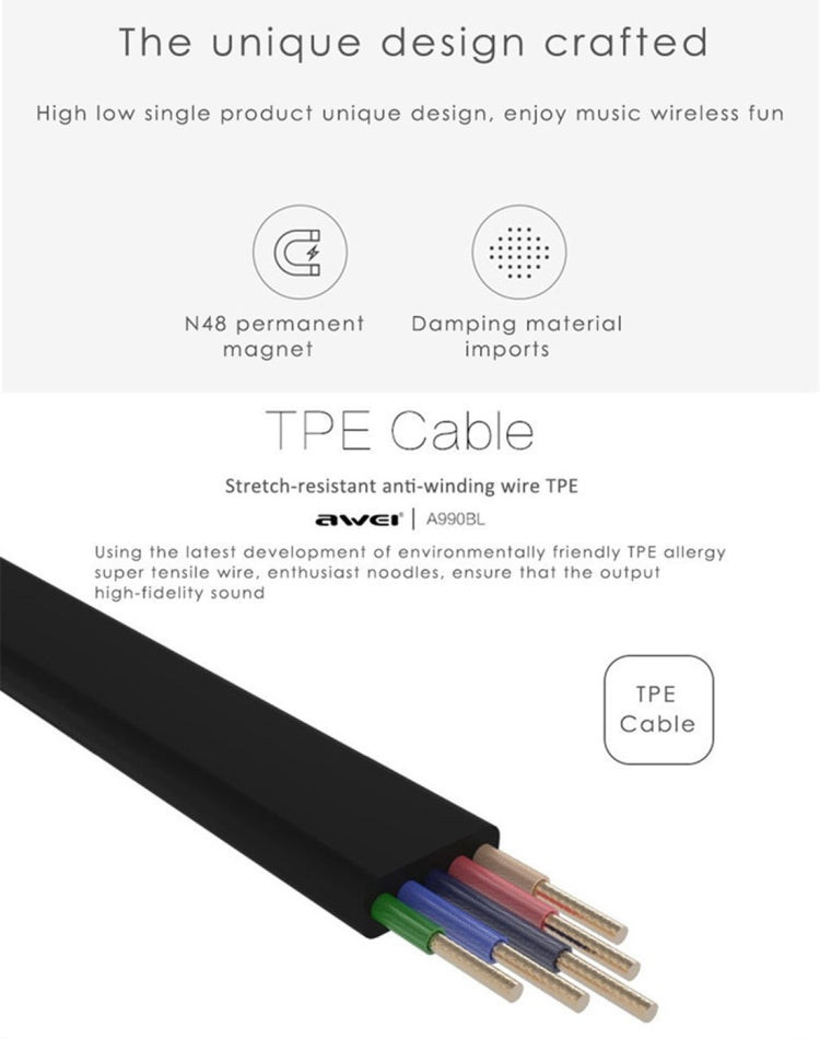 AWEI A990BL หูฟังสเตอริโอ Bluetooth ไร้สายพร้อมระบบควบคุมสายไฟ + ไมโครโฟนรองรับการโทรแบบแฮนด์ฟรี