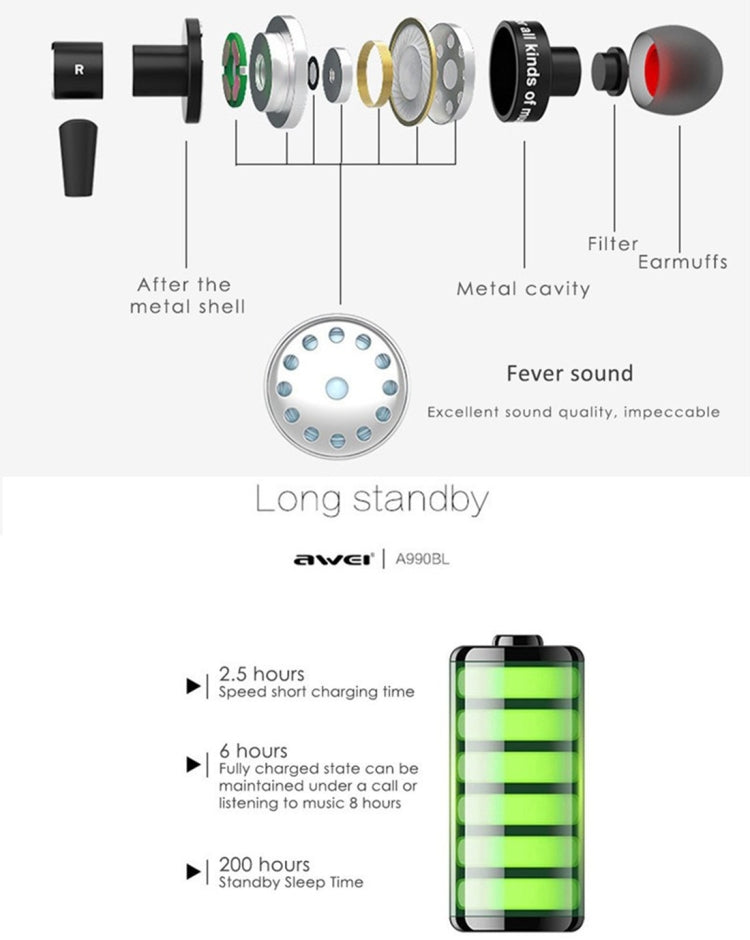 AWEI A990BL หูฟังสเตอริโอ Bluetooth ไร้สายพร้อมระบบควบคุมสายไฟ + ไมโครโฟนรองรับการโทรแบบแฮนด์ฟรี