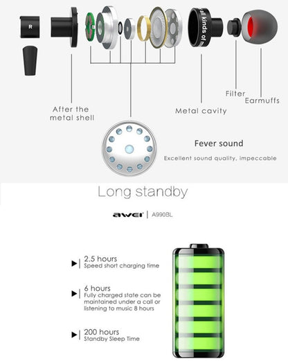 AWEI A990BL หูฟังสเตอริโอ Bluetooth ไร้สายพร้อมระบบควบคุมสายไฟ + ไมโครโฟนรองรับการโทรแบบแฮนด์ฟรี
