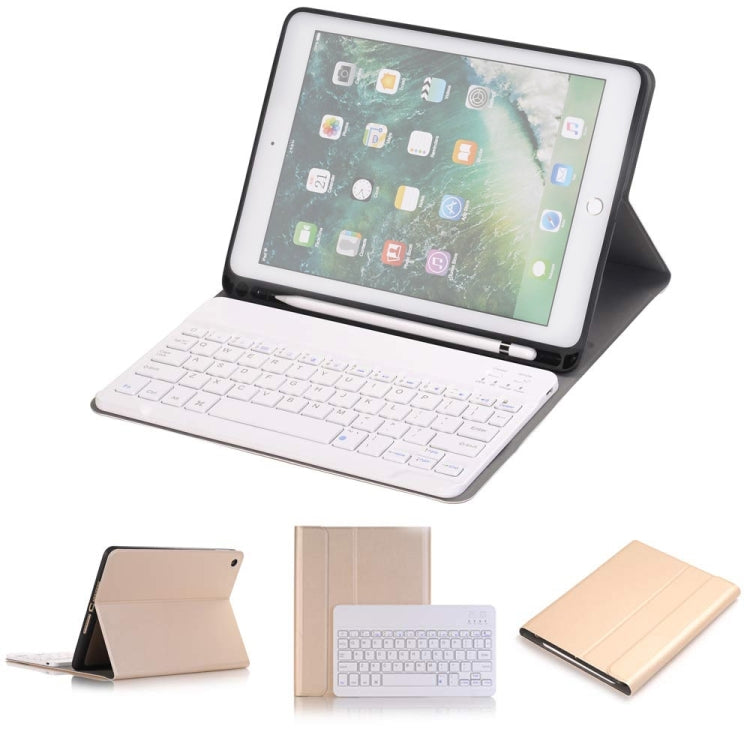 คีย์บอร์ด Bluetooth แบบถอดได้ + เคสแท็บเล็ตหนังพลิกแนวนอนพร้อมตัวยึดและที่ใส่ดินสอสำหรับ iPad Pro 9.7 นิ้ว, iPad Air, iPad Air 2, iPad 9.7 นิ้ว (2017), iPad 9.7 นิ้ว (2018), A07B Black, A07B Gold, A07B Blue, A07B Rose Gold