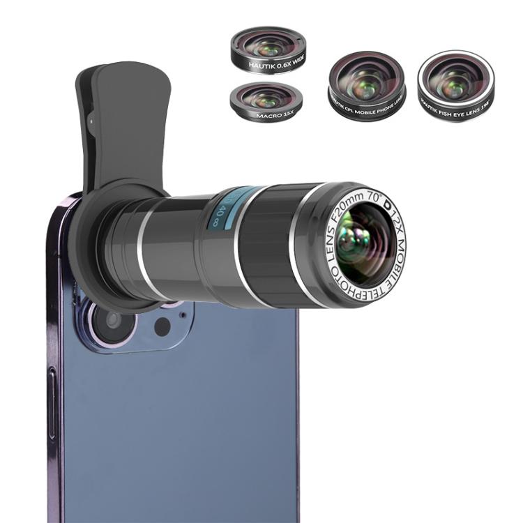 HAUTIK HK-002 5 in 1 เลนส์ Fisheye 180 องศา + เลนส์มาโครและมุมกว้าง 0.65X + เลนส์เทเลโฟโต้ 12X + ชุดเลนส์ Star Line, HK-002