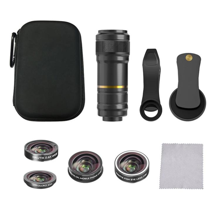 HAUTIK HK-002 5 in 1 เลนส์ Fisheye 180 องศา + เลนส์มาโครและมุมกว้าง 0.65X + เลนส์เทเลโฟโต้ 12X + ชุดเลนส์ Star Line, HK-002