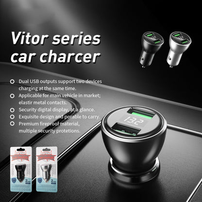 REMAX RCC106 Vitor Series 3.4A เครื่องชาร์จในรถยนต์อินเทอร์เฟซ USB คู่พร้อมจอแสดงผลดิจิตอล, with Digital Display Silver