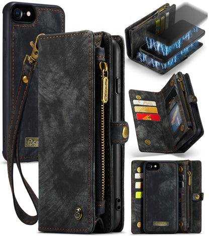 CaseMe สำหรับ iPhone 8 และ 7 กระเป๋าสตางค์หนังมัลติฟังก์ชั่นพร้อมเคสและตัวยึดด้านหลังพีซีแบบแม่เหล็กที่ถอดออกได้ & ช่องใส่การ์ด 10 ช่อง & ช่องใส่เงินสด 3 ช่อง & กระเป๋าสตางค์ซิป 1 อัน & กรอบรูป 2 อัน & ตัวล็อคแม่เหล็ก 3 อัน, For iPhone 8 & 7, For 8 & 7