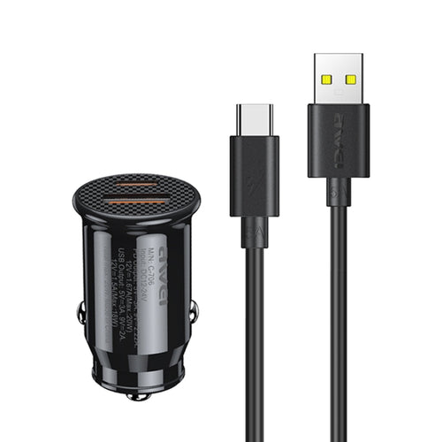 awei C-706 20W PD Type-C + QC 3.0 Type-A ที่ชาร์จแบตในรถพร้อมสายเคเบิลข้อมูล CL-110T, C-706