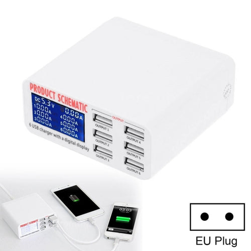 899 30W QC 3.0 6 พอร์ต USB ที่ชาร์จเร็วพร้อมจอแสดงผลดิจิตอล LCD, ปลั๊ก EU, 899