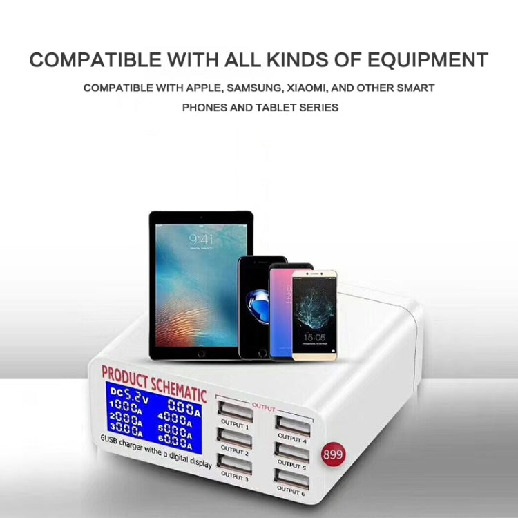 899 30W QC 3.0 6 พอร์ต USB ที่ชาร์จเร็วพร้อมจอแสดงผลดิจิตอล LCD, ปลั๊ก EU, 899