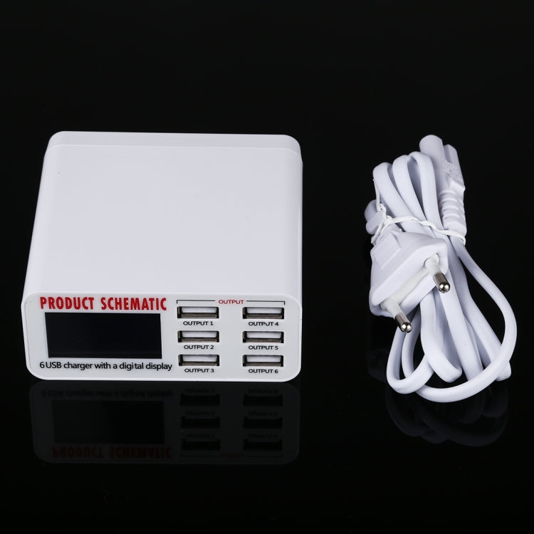 899 30W QC 3.0 6 พอร์ต USB ที่ชาร์จเร็วพร้อมจอแสดงผลดิจิตอล LCD, ปลั๊ก EU, 899