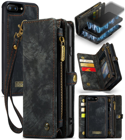 CaseMe สำหรับ iPhone 8 Plus และ 7 Plus กระเป๋าหนังมัลติฟังก์ชั่นพร้อมเคสป้องกันด้านหลังพีซีแบบแม่เหล็กที่ถอดออกได้และผู้ถือ & ช่องใส่การ์ด 11 ช่อง & ช่องใส่เงินสด 3 ช่อง & กระเป๋าสตางค์ซิป 1 อัน & กรอบรูป 2 อัน & ตัวล็อคแม่เหล็ก 3 อัน, For 8P & 7P