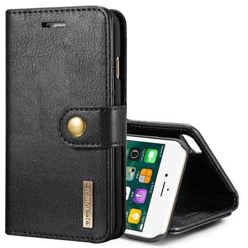 DG.MING สำหรับ iPhone 8 และ 7 พื้นผิวม้าบ้าพลิกแนวนอนเคสแม่เหล็กที่ถอดออกได้พร้อมตัวยึดและช่องเสียบการ์ดและกระเป๋าสตางค์, iPhone 8 & 7