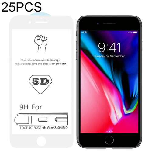 25 ชิ้น 9H 5D สีขาวเต็มกาวฟิล์มกระจกนิรภัยแบบเต็มหน้าจอสำหรับ iPhone 8/7, For iPhone SE 2020 / 8 / 7 (White) (25 PCS)