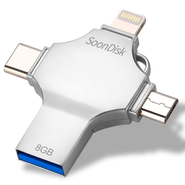 4 in 1 8GB USB 3.0 + 8 Pin + Mirco USB + USB-C / Type-C แฟลชไดรฟ์แบบใช้คู่พร้อมฟังก์ชัน OTG, 8GB