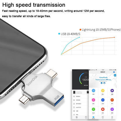 4 in 1 8GB USB 3.0 + 8 Pin + Mirco USB + USB-C / Type-C แฟลชไดรฟ์แบบใช้คู่พร้อมฟังก์ชัน OTG, 8GB