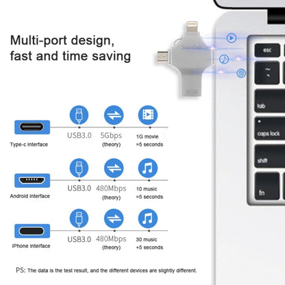 4 in 1 8GB USB 3.0 + 8 Pin + Mirco USB + USB-C / Type-C แฟลชไดรฟ์แบบใช้คู่พร้อมฟังก์ชัน OTG, 8GB
