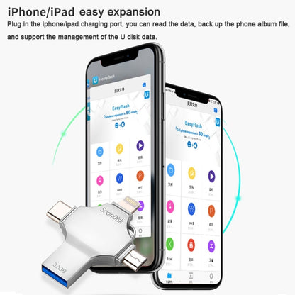 4 in 1 32GB USB 3.0 + 8 Pin + Mirco USB + USB-C / Type-C แฟลชไดรฟ์แบบใช้คู่พร้อมฟังก์ชัน OTG, 32GB
