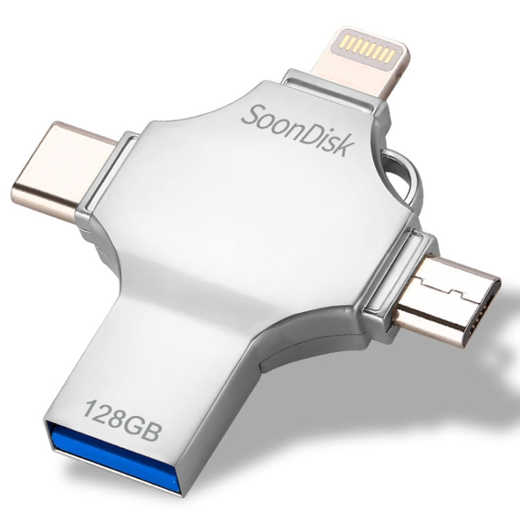 4 in 1 128GB USB 3.0 + 8 Pin + Mirco USB + USB-C / Type-C แฟลชไดรฟ์แบบใช้คู่พร้อมฟังก์ชัน OTG, 128GB