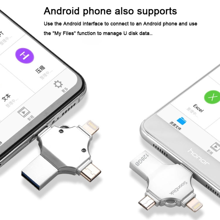 4 in 1 128GB USB 3.0 + 8 Pin + Mirco USB + USB-C / Type-C แฟลชไดรฟ์แบบใช้คู่พร้อมฟังก์ชัน OTG, 128GB
