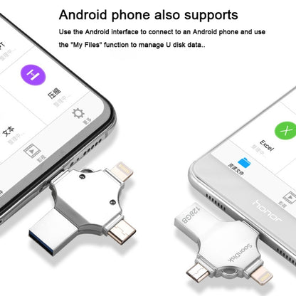 4 in 1 128GB USB 3.0 + 8 Pin + Mirco USB + USB-C / Type-C แฟลชไดรฟ์แบบใช้คู่พร้อมฟังก์ชัน OTG, 128GB