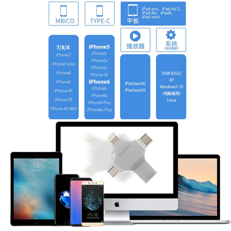 4 in 1 128GB USB 3.0 + 8 Pin + Mirco USB + USB-C / Type-C แฟลชไดรฟ์แบบใช้คู่พร้อมฟังก์ชัน OTG, 128GB