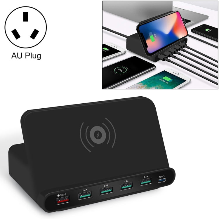 828W 7 in 1 60W QC 3.0 อินเตอร์เฟส USB พอร์ต USB 4 พอร์ต อินเตอร์เฟส USB-C / Type-C + การชาร์จไร้สายเครื่องชาร์จมัลติฟังก์ชั่นพร้อมฟังก์ชั่นที่วางโทรศัพท์มือถือ, ปลั๊ก AU, AU Plug Black, AU Plug White