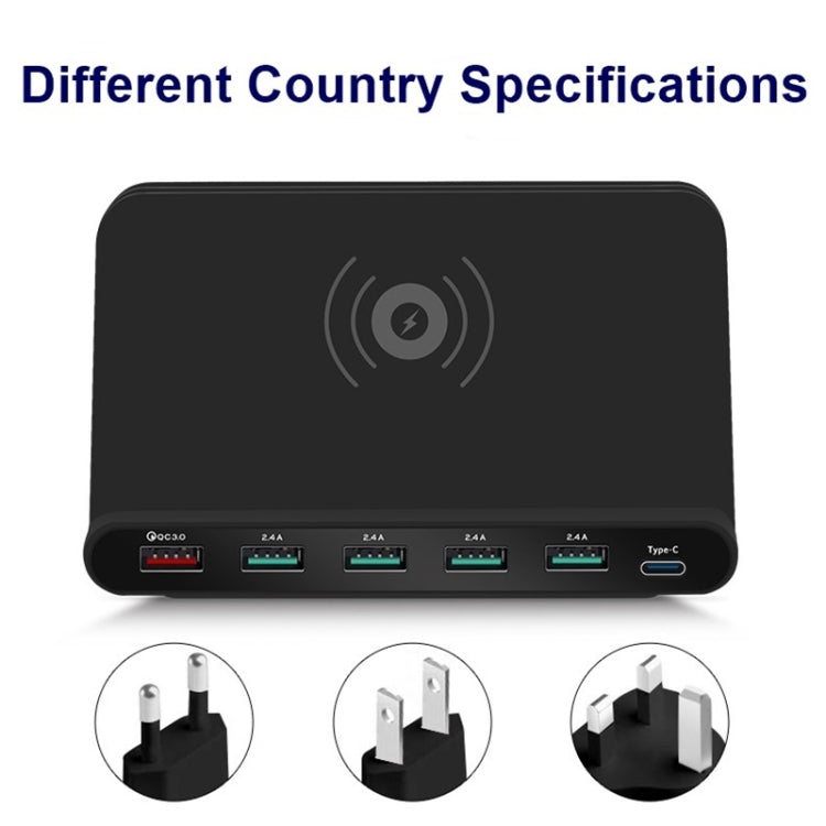 828W 7 in 1 60W QC 3.0 อินเตอร์เฟส USB พอร์ต USB 4 พอร์ต อินเตอร์เฟส USB-C / Type-C + การชาร์จไร้สายเครื่องชาร์จมัลติฟังก์ชั่นพร้อมฟังก์ชั่นที่วางโทรศัพท์มือถือ, ปลั๊ก AU, AU Plug Black, AU Plug White