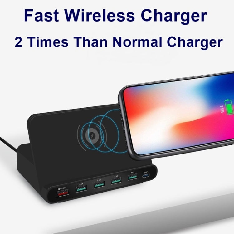 828W 7 in 1 60W QC 3.0 อินเตอร์เฟส USB พอร์ต USB 4 พอร์ต อินเตอร์เฟส USB-C / Type-C + การชาร์จไร้สายเครื่องชาร์จมัลติฟังก์ชั่นพร้อมฟังก์ชั่นที่วางโทรศัพท์มือถือ, ปลั๊ก AU, AU Plug Black, AU Plug White