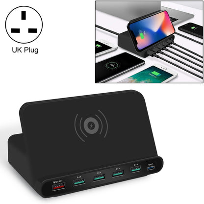 828W 7 in 1 60W QC 3.0 อินเทอร์เฟซ USB + 4 พอร์ต USB + อินเทอร์เฟซ USB-C / Type-C + การชาร์จแบบไร้สายเครื่องชาร์จมัลติฟังก์ชั่นพร้อมฟังก์ชันที่วางโทรศัพท์มือถือ, ปลั๊ก UK, UK Plug Black, UK Plug White