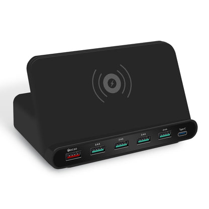 828W 7 in 1 60W QC 3.0 อินเทอร์เฟซ USB + 4 พอร์ต USB + อินเทอร์เฟซ USB-C / Type-C + การชาร์จแบบไร้สายเครื่องชาร์จมัลติฟังก์ชั่นพร้อมฟังก์ชันที่วางโทรศัพท์มือถือ, ปลั๊ก UK, UK Plug Black, UK Plug White