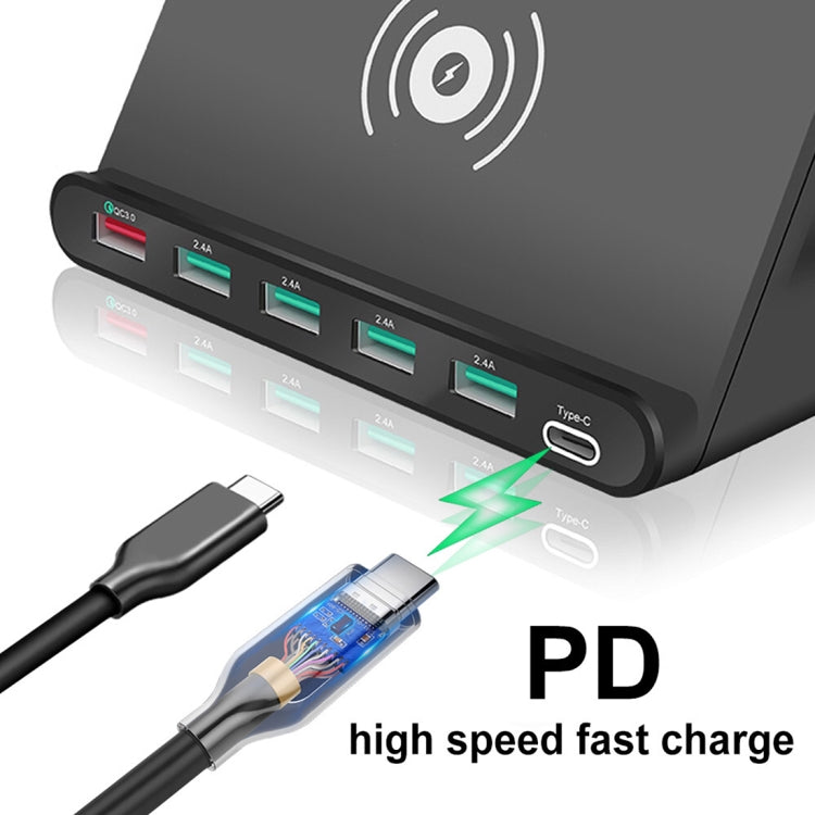 828W 7 in 1 60W QC 3.0 อินเทอร์เฟซ USB + 4 พอร์ต USB + อินเทอร์เฟซ USB-C / Type-C + การชาร์จแบบไร้สายเครื่องชาร์จมัลติฟังก์ชั่นพร้อมฟังก์ชันที่วางโทรศัพท์มือถือ, ปลั๊ก UK, UK Plug Black, UK Plug White