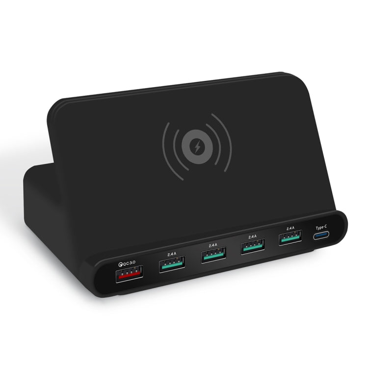 828W 7 in 1 60W QC 3.0 อินเทอร์เฟซ USB + 4 พอร์ต USB + อินเทอร์เฟซ USB-C / Type-C + การชาร์จแบบไร้สายเครื่องชาร์จมัลติฟังก์ชั่นพร้อมฟังก์ชันที่วางโทรศัพท์มือถือ, ปลั๊ก US, US Plug Black, US Plug White