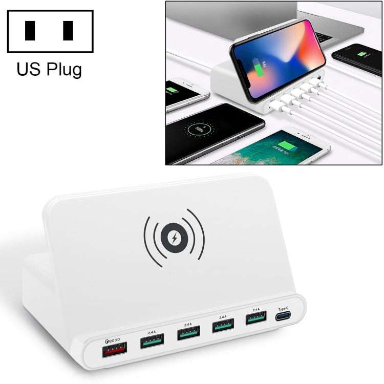 828W 7 in 1 60W QC 3.0 อินเทอร์เฟซ USB + 4 พอร์ต USB + อินเทอร์เฟซ USB-C / Type-C + การชาร์จแบบไร้สายเครื่องชาร์จมัลติฟังก์ชั่นพร้อมฟังก์ชันที่วางโทรศัพท์มือถือ, ปลั๊ก US, US Plug Black, US Plug White