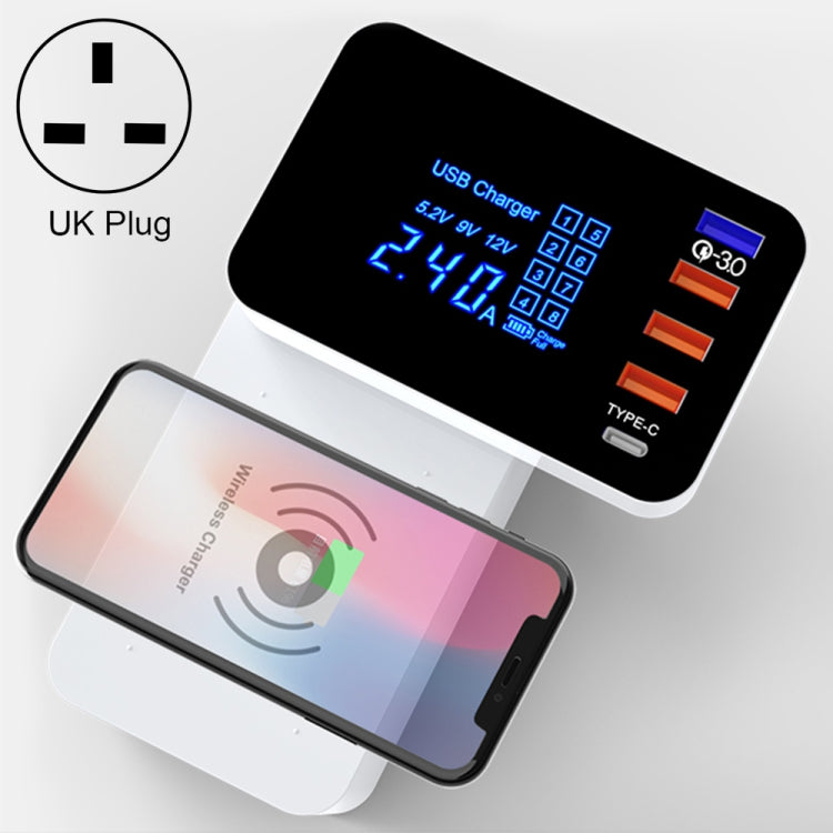 CDA33QW 40W QC 3.0 พอร์ต USB + 3 พอร์ต USB + พอร์ต USB-C / Type-C + การชาร์จแบบไร้สายเครื่องชาร์จแบบพับได้อเนกประสงค์พร้อมจอแสดงผล LED, ปลั๊ก UK, UK Plug
