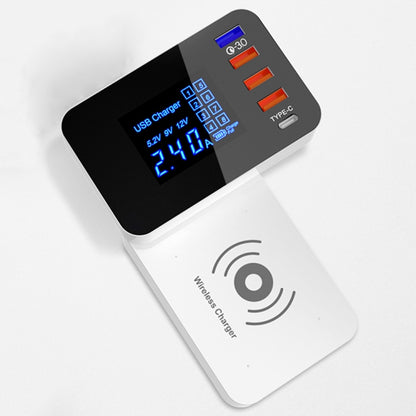 CDA33QW 40W QC 3.0 พอร์ต USB + 3 พอร์ต USB + พอร์ต USB-C / Type-C + การชาร์จแบบไร้สายเครื่องชาร์จแบบพับได้อเนกประสงค์พร้อมจอแสดงผล LED, ปลั๊ก UK, UK Plug