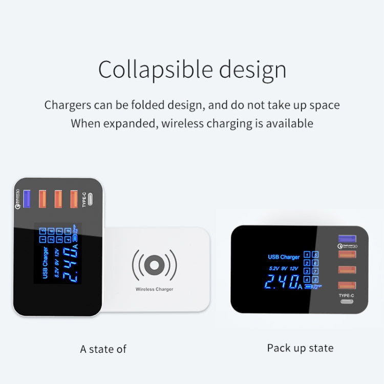 CDA33QW 40W QC 3.0 พอร์ต USB + 3 พอร์ต USB + พอร์ต USB-C / Type-C + การชาร์จแบบไร้สายเครื่องชาร์จแบบพับได้อเนกประสงค์พร้อมจอแสดงผล LED, ปลั๊ก UK, UK Plug