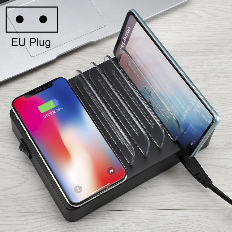 พอร์ต USB 50W 6 พอร์ต + พอร์ต USB-C / Type-C 2 พอร์ต + เครื่องชาร์จมัลติฟังก์ชั่นการชาร์จไร้สายพร้อมจอแสดงผล LED และฝาที่ถอดออกได้, ปลั๊ก EU, EU Plug