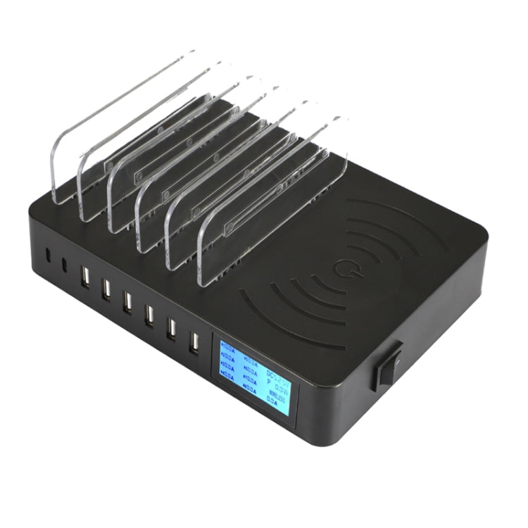 พอร์ต USB 50W 6 พอร์ต + พอร์ต USB-C / Type-C 2 พอร์ต + เครื่องชาร์จมัลติฟังก์ชั่นการชาร์จไร้สายพร้อมจอแสดงผล LED และฝาที่ถอดออกได้, ปลั๊ก EU, EU Plug