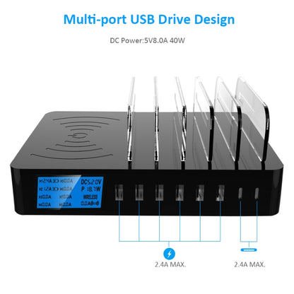 พอร์ต USB 50W 6 พอร์ต + พอร์ต USB-C / Type-C 2 พอร์ต + เครื่องชาร์จมัลติฟังก์ชั่นการชาร์จไร้สายพร้อมจอแสดงผล LED และฝาที่ถอดออกได้, ปลั๊ก EU, EU Plug