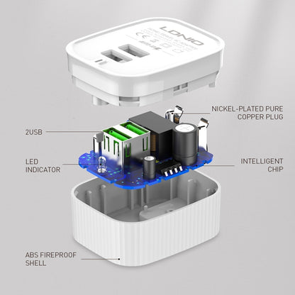 LDNIO A201 2.4A Dual USB หัวชาร์จ Travel ชาร์จโดยตรงโทรศัพท์มือถือ Adapter Charger พร้อม Micro USB Data Cable, Micro USB