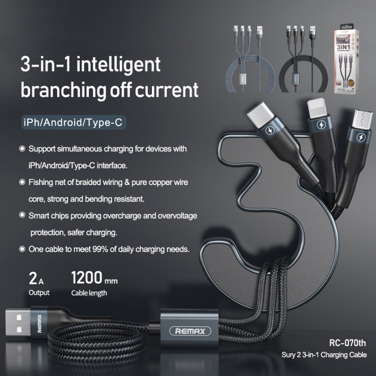 REMAX RC-070TH 1.2 ม. 2A 3 in 1 USB to 8 Pin & USB-C / Type-C & สายชาร์จ Micro USB