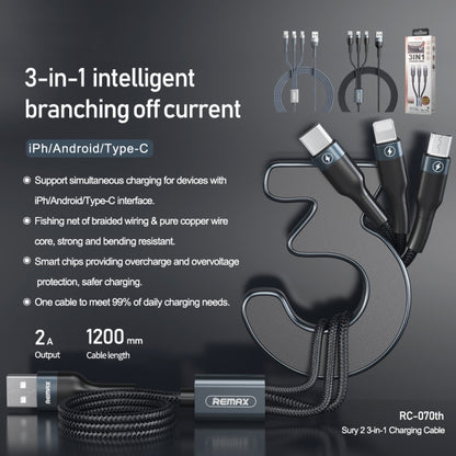 REMAX RC-070TH 1.2 ม. 2A 3 in 1 USB to 8 Pin & USB-C / Type-C & สายชาร์จ Micro USB