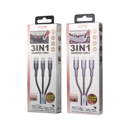 REMAX RC-070TH 1.2 ม. 2A 3 in 1 USB to 8 Pin & USB-C / Type-C & สายชาร์จ Micro USB