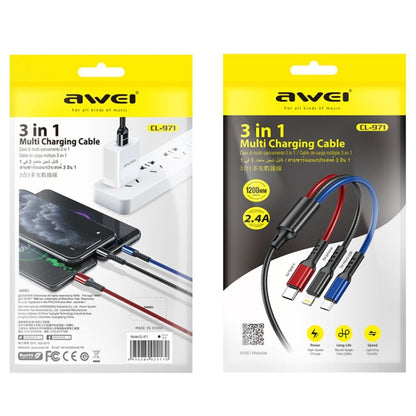 awei CL-971 3 in 1 1.2m 2.4A USB to 8 Pin + Micro USB + USB-C / Type-C สายชาร์จหลายแบบ
