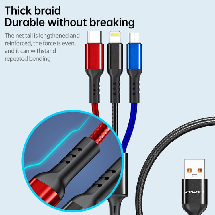 awei CL-971 3 in 1 1.2m 2.4A USB to 8 Pin + Micro USB + USB-C / Type-C สายชาร์จหลายแบบ