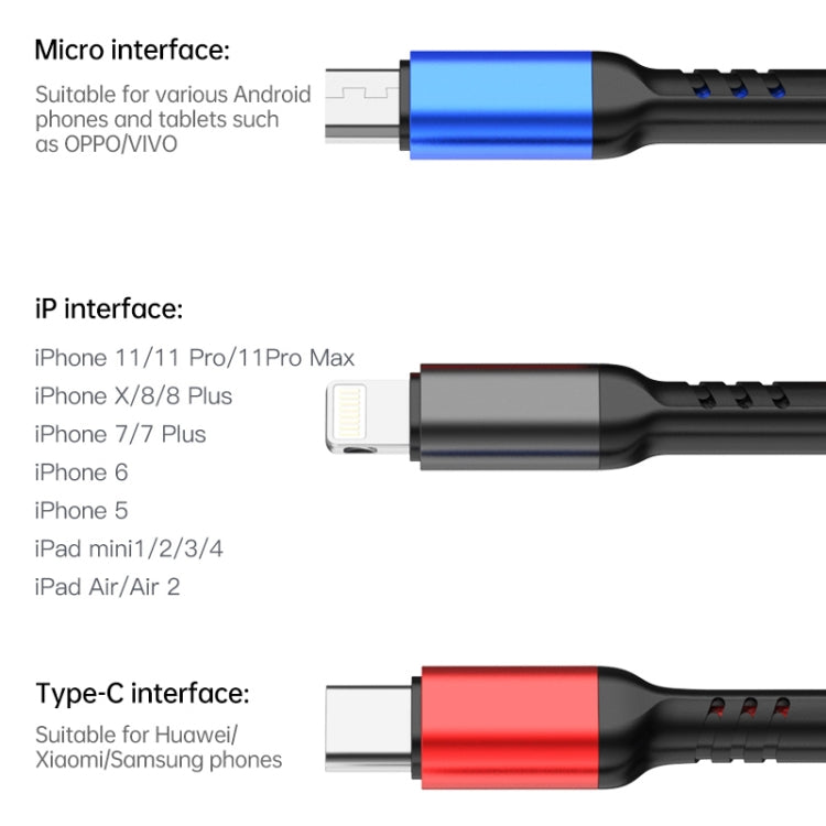 awei CL-971 3 in 1 1.2m 2.4A USB to 8 Pin + Micro USB + USB-C / Type-C สายชาร์จหลายแบบ
