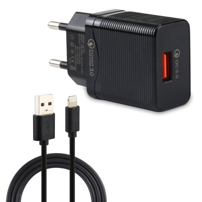 LZ-728 2 in 1 18W QC 3.0 USB Interface Travel Charger ชุดสายเคเบิลข้อมูล USB ถึง 8 Pin, ปลั๊ก EU, ความยาวสายเคเบิล: 1 ม., with 8 Pin Cable